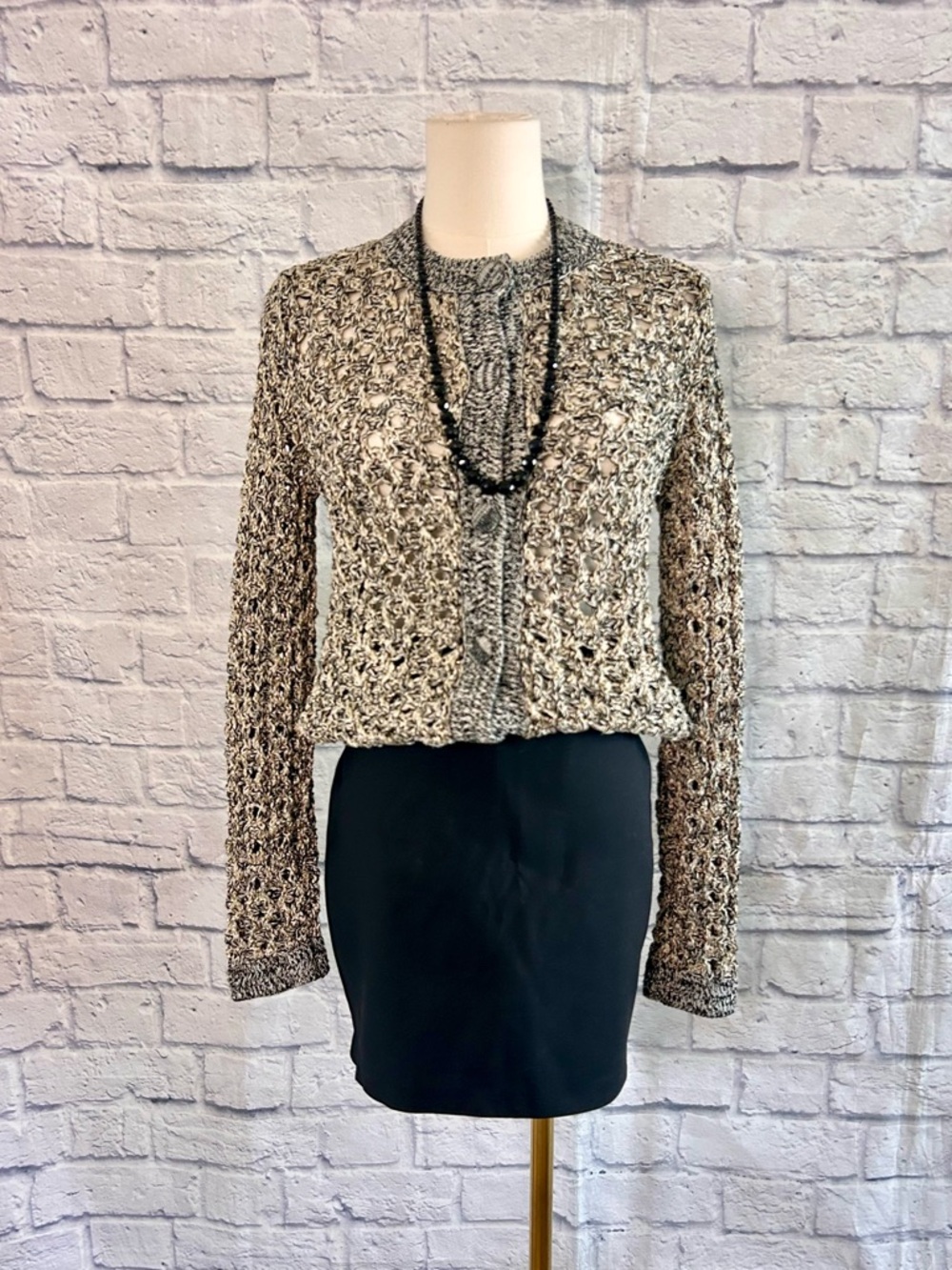 2 Piece Styled Outfit ZARA Gold Black Textured Sweater Black Mini Skirt Office - Picture 3 of 16